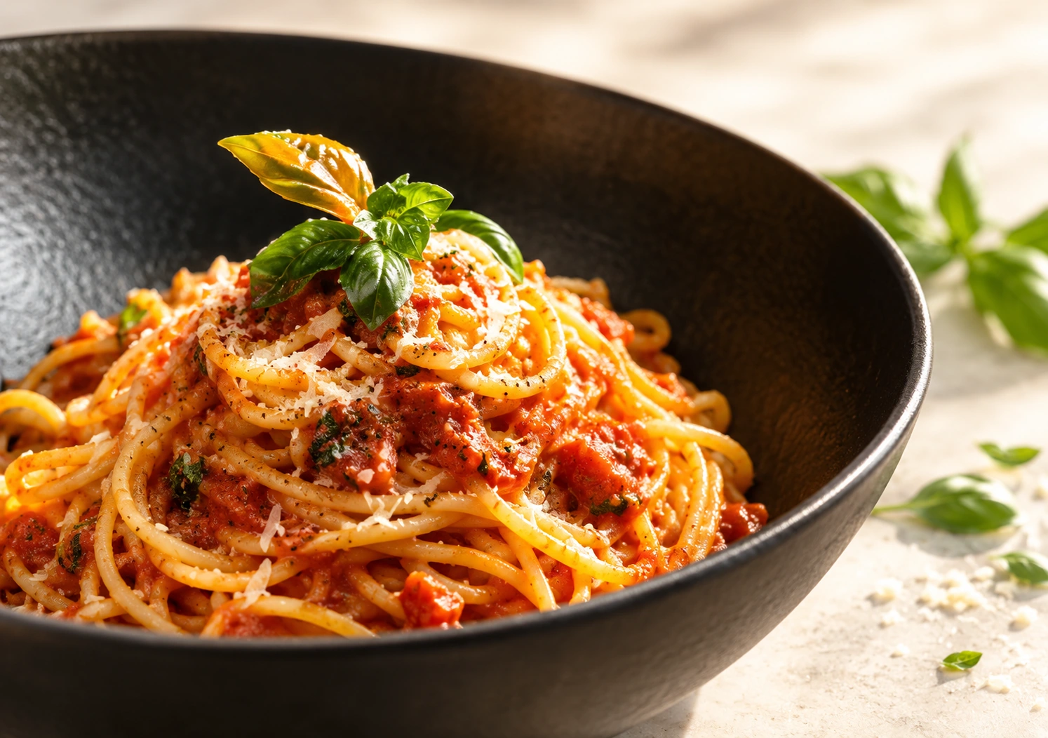 Fresh pasta in a black bowl