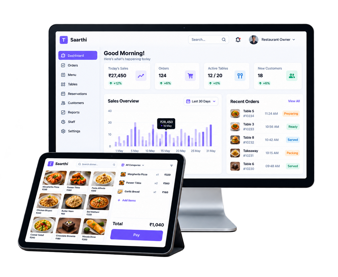 Saarthi restaurant dashboard on desktop and tablet